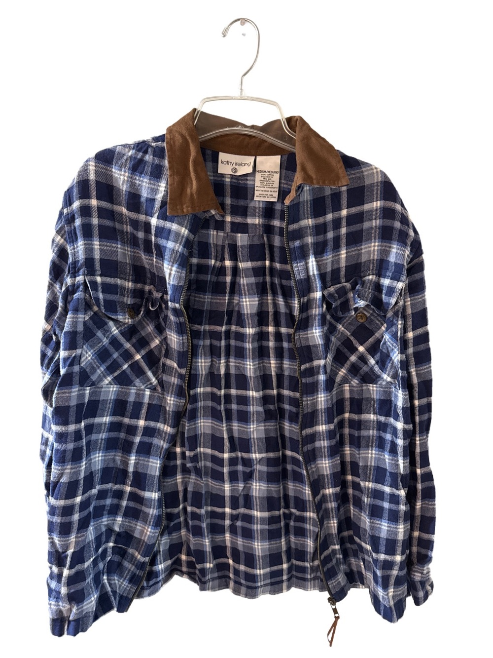 90’s Kathy Ireland Blue and White Plaid Flannel Jacket with Brown Collar